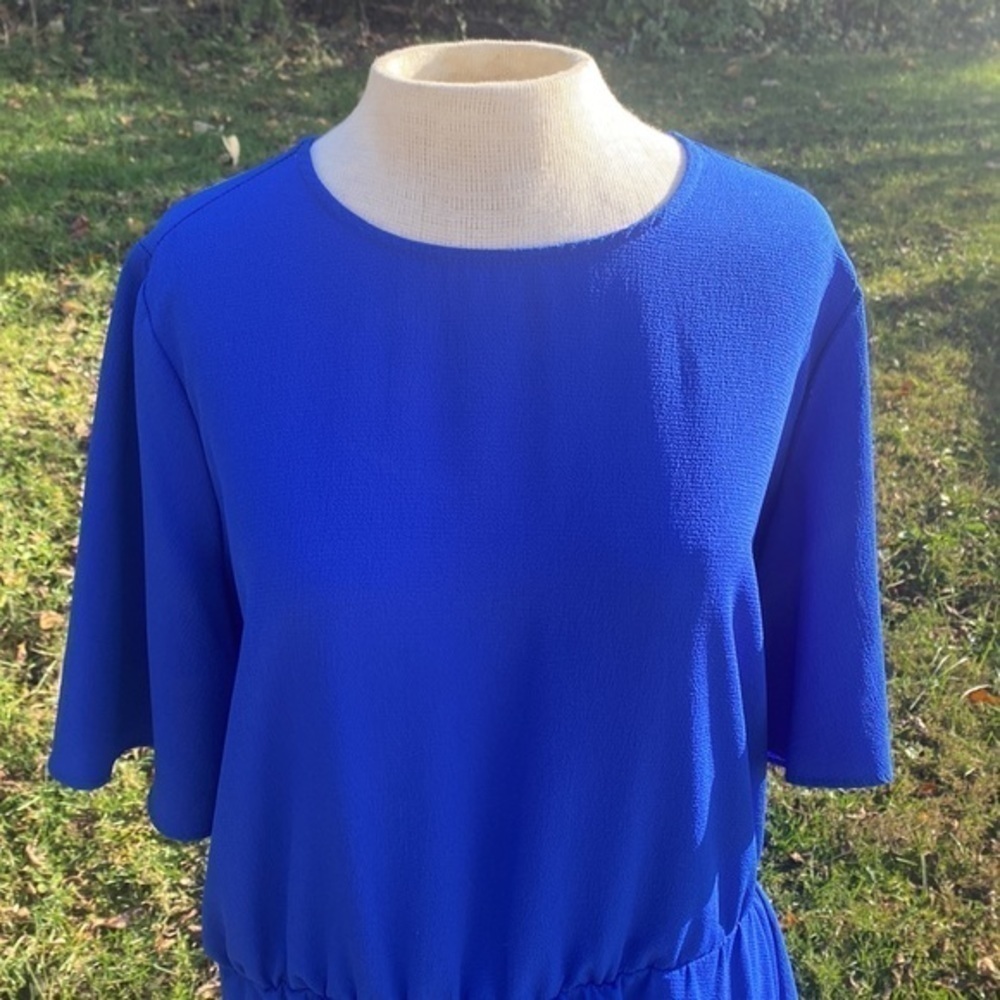 beige by eci royal blue asymmetrical blouse, crew neck, short sleeve - Picture 3 of 9
